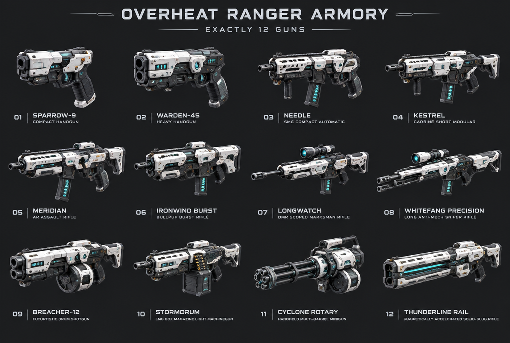 Twelve named Ranger handheld weapon concepts